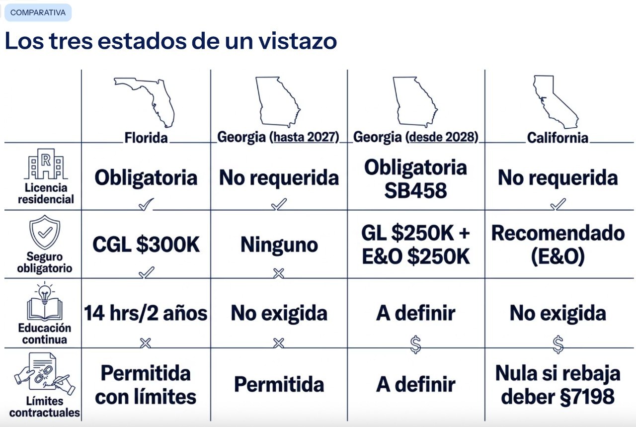 Tabla comparativa de requisitos por estado para home inspectors